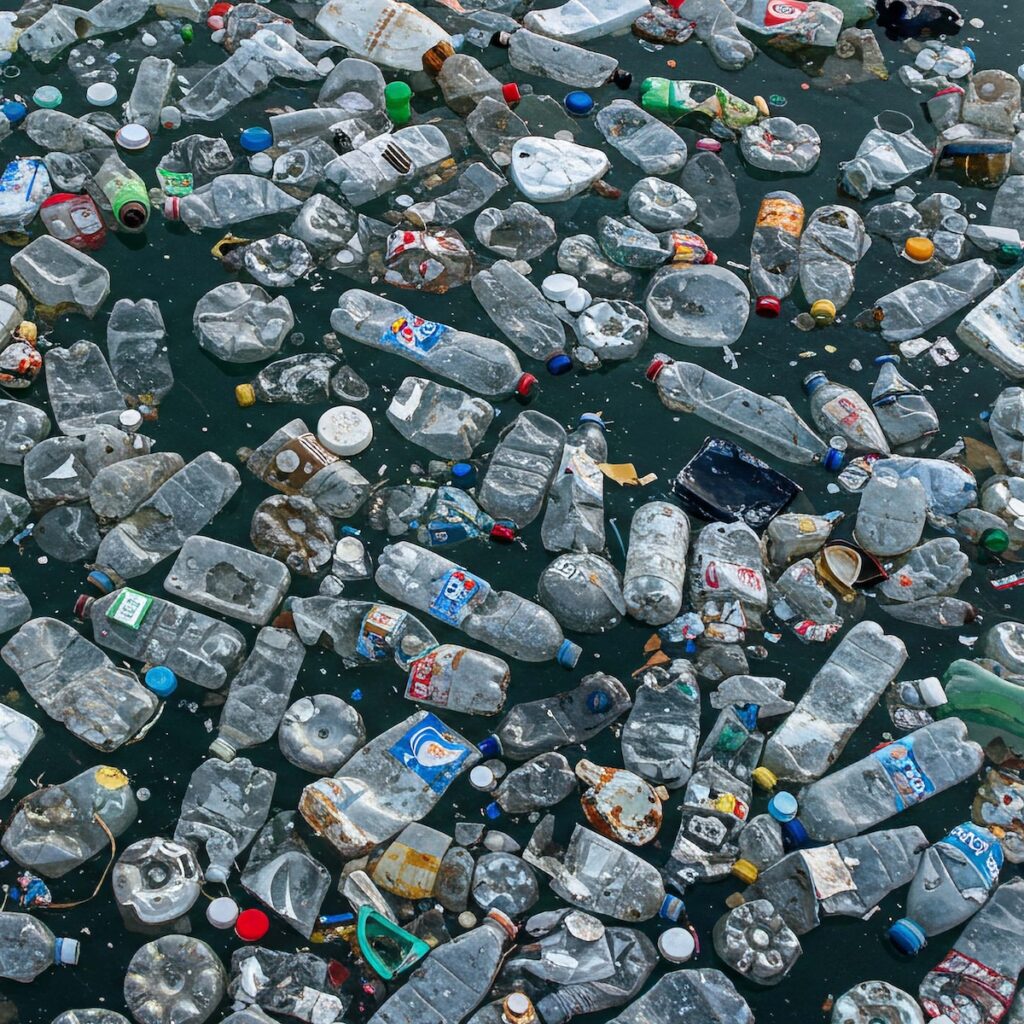 Different plastic garbage in ocean. Plastic bottles float on water surface. Environmental pollution and contamination. Symbol of a major ecology problem caused by waste from urban overconsumption