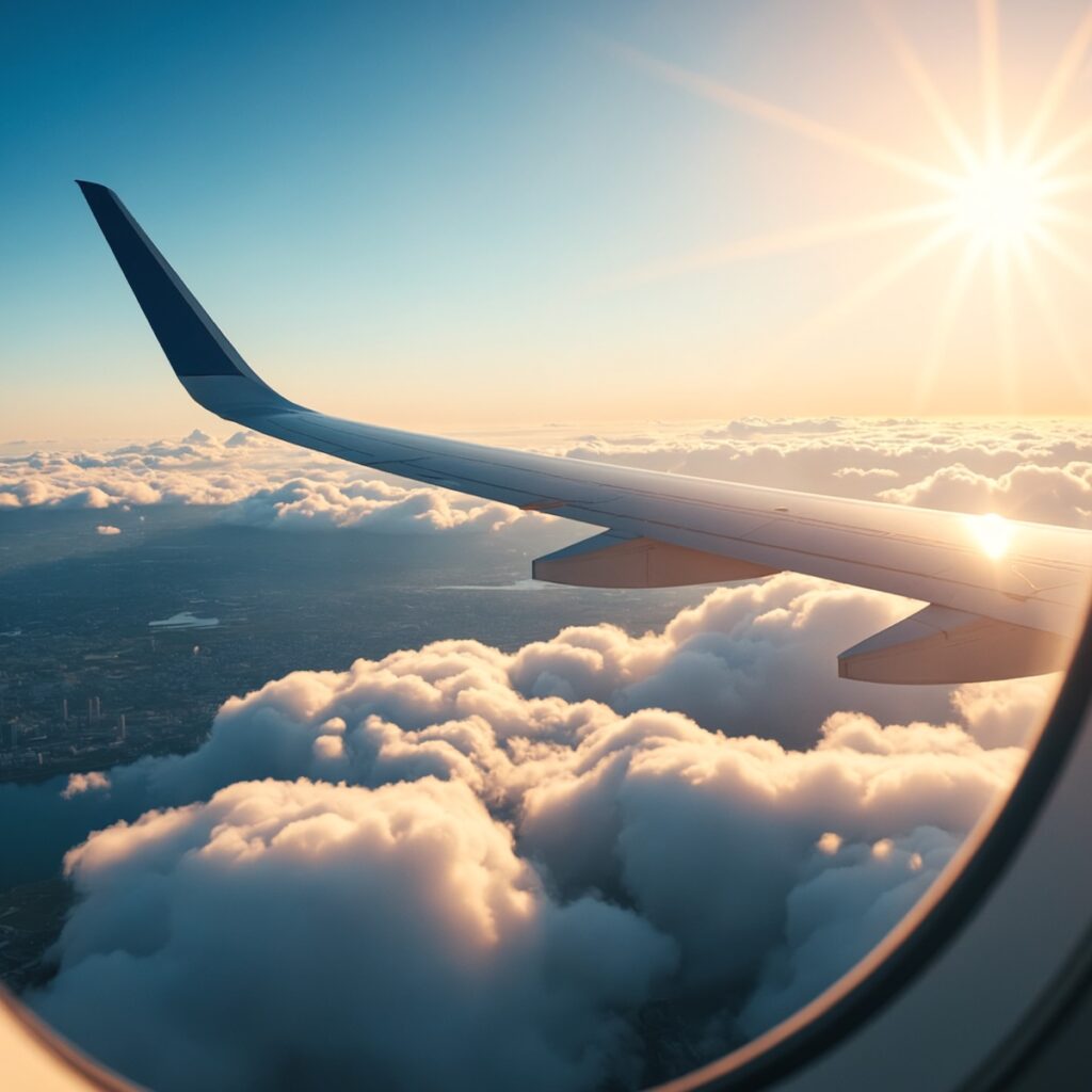 Morning flight with sunlight wing of plane over city view airplane flying above clouds blue sky scenic view from window commercial airline flight mechanics concept